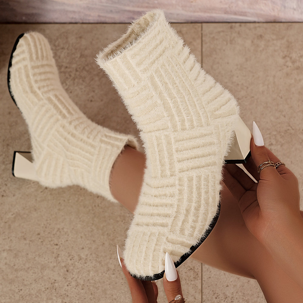 plus size women's fall and winter new arrivalknitting high-heeled stuffed short boots pure color, round toe thick heel elastic women's fur boots