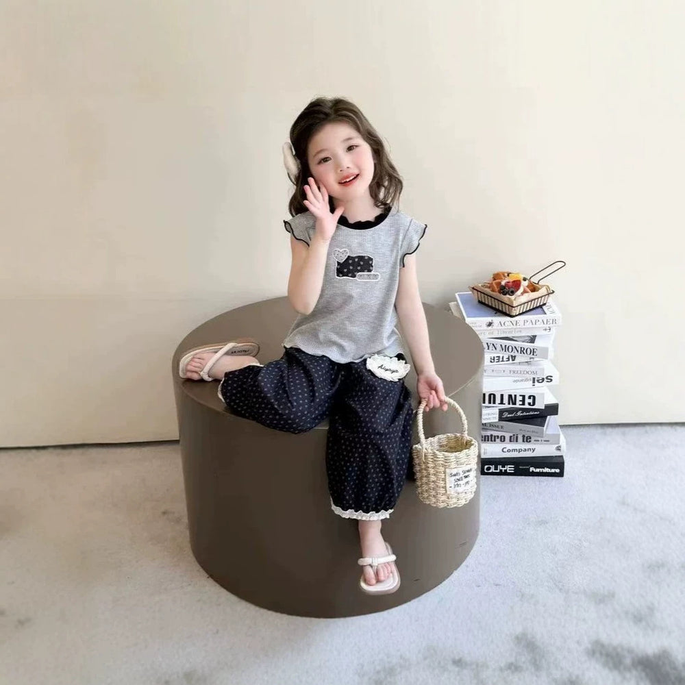 Girls' summer outfit set: new korean style sleeveless polka dot pants and tank top for kids