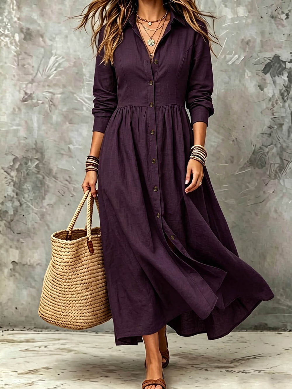 Plus size women's vintage shirt dress - long sleeve, button-down, notched collar, buttoned waist, pleated, flowy, loose fit, vacation style