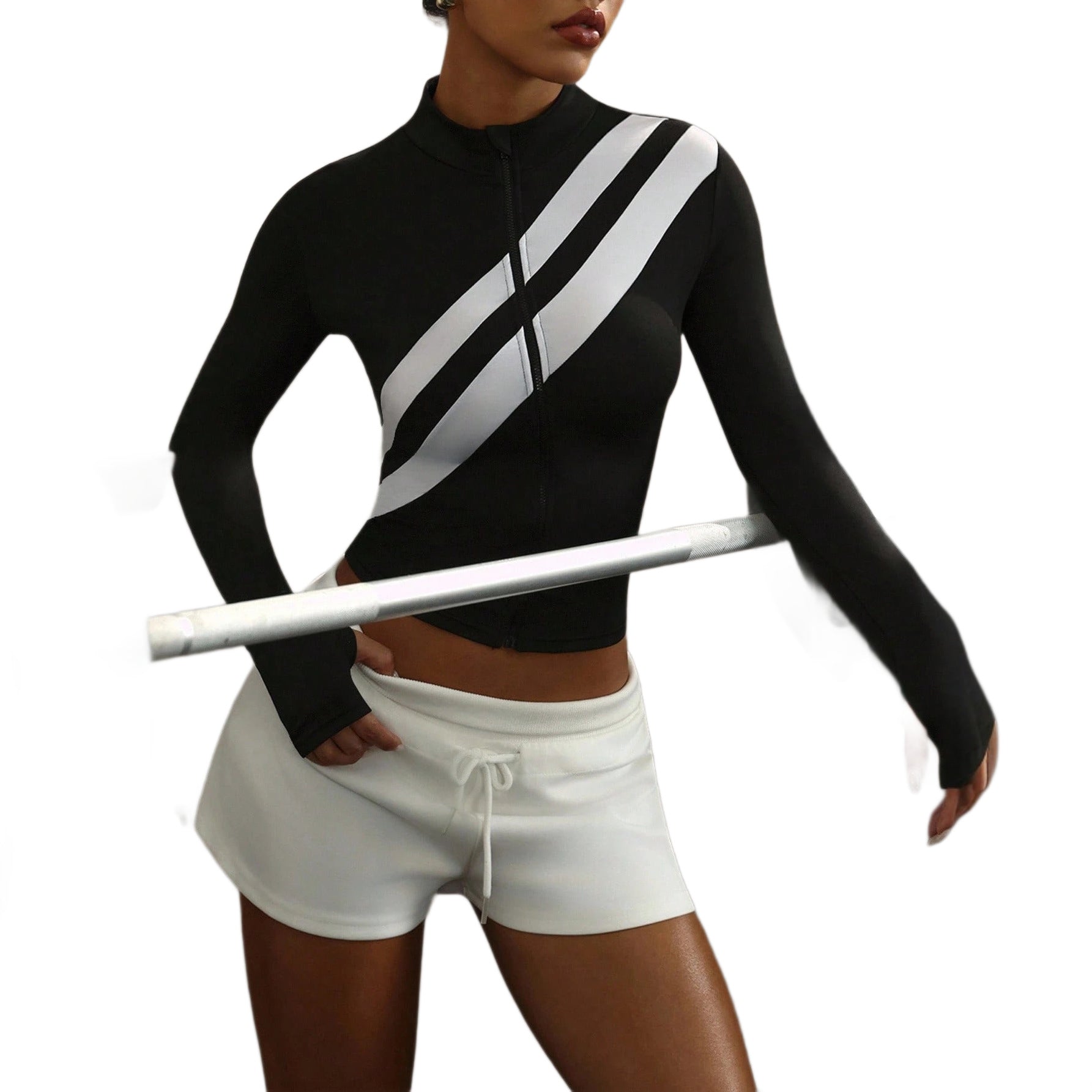 Pre-sale black and white contrasting color stand-up collar full zipper sports jacket women's oblique striped short waist thumb hole long-sleeved top