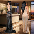 C6957 cross-border   fashion women's sexy mesh rhinestone halter bodycon dress