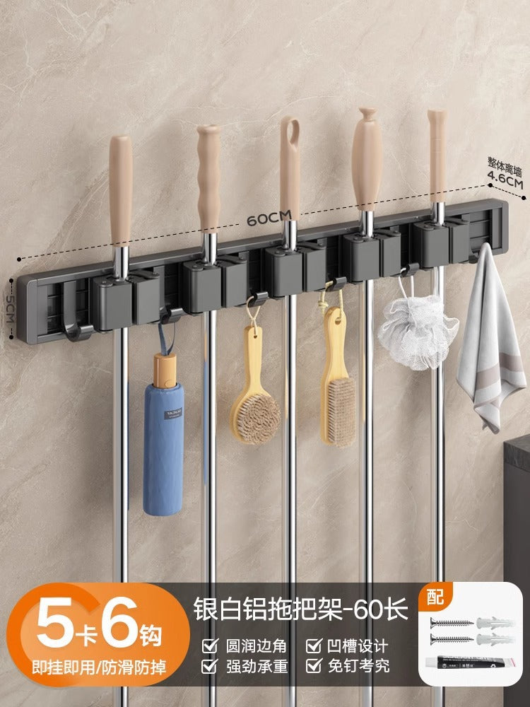 Blue vine mop wall mount clip - no drilling required - bathroom broom holder, mop rack organizer with large hook