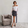 fall/winter new arrival: european and american style women's solid color slim-fit fashion one-shoulder mesh long sleeve top