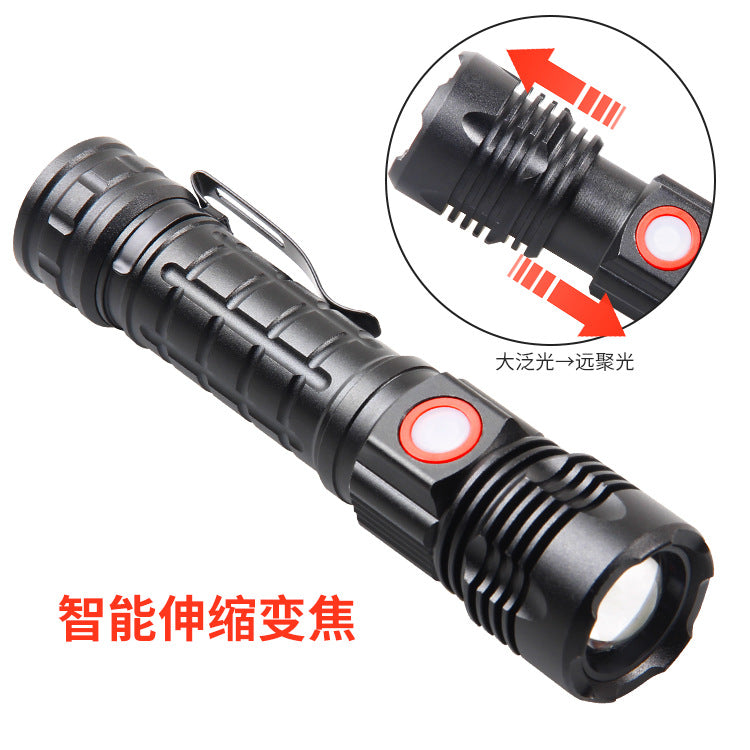 Cross-border new XHP-50 strong light USB charging, outdoor telescopic remote lighting power display LED flashlight
