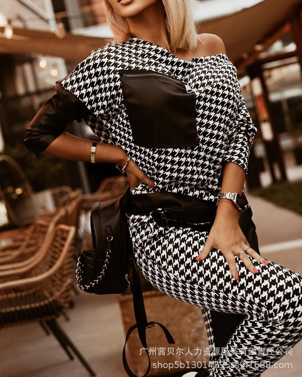 Women's clothing 2022  European and American women's clothing Thousand bird grid printing contrasting color splicing off-the-shoulder commuter suit