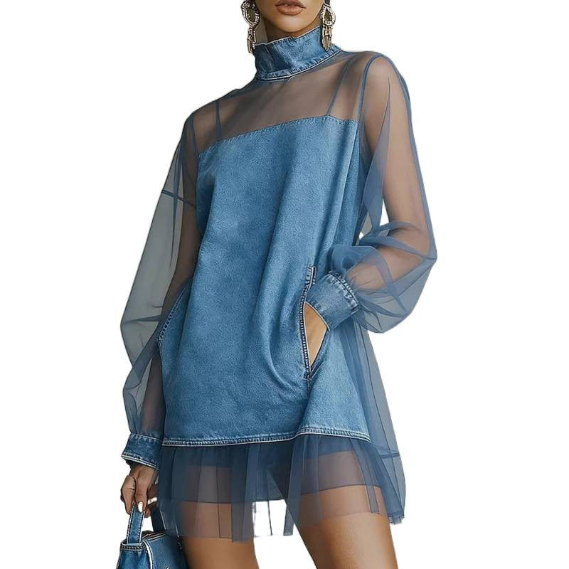 Amazon european style urban minimalist lantern sleeve patchwork faux collar denim mini dress - women's summer slimming dress