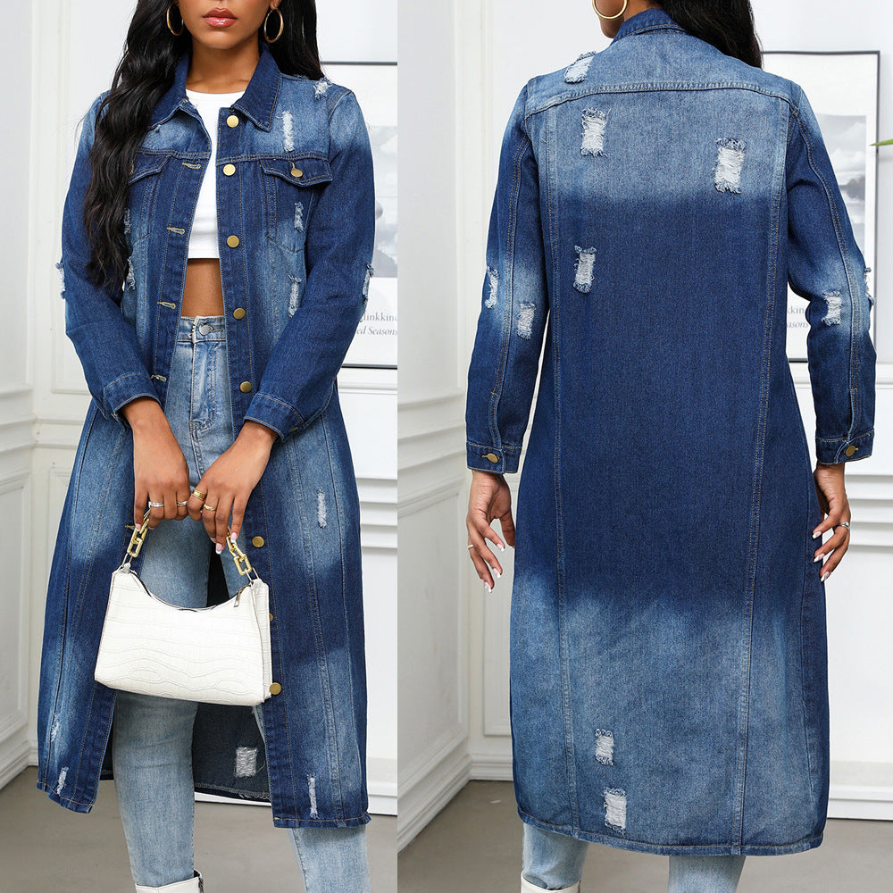 European and american denim jacket for women,  new  style distressed ripped jean jacket, fashionable washed denim outerwear