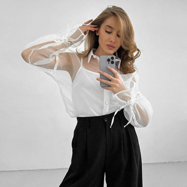 2024 summer white organza shirt women's high-end sense outer with medium and long perspective women's shirt elegant women's clothing