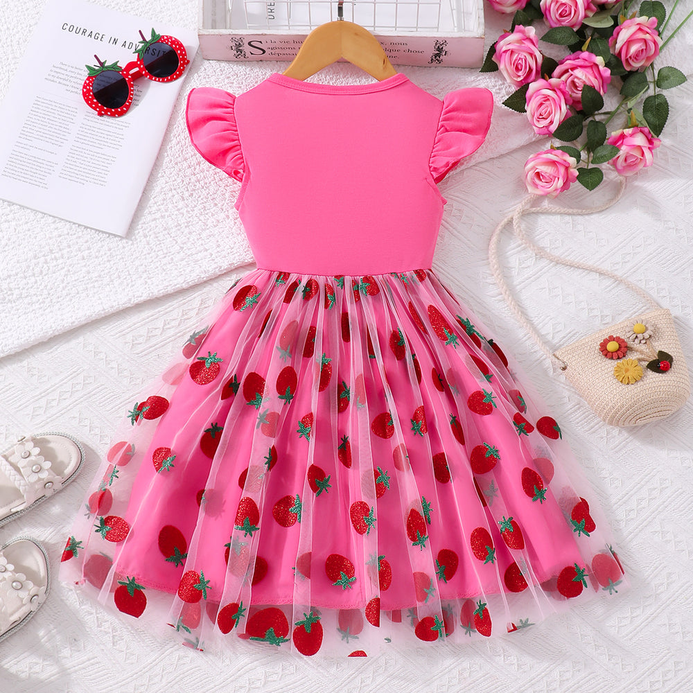 Kids' flutter sleeve strawberry mesh dress