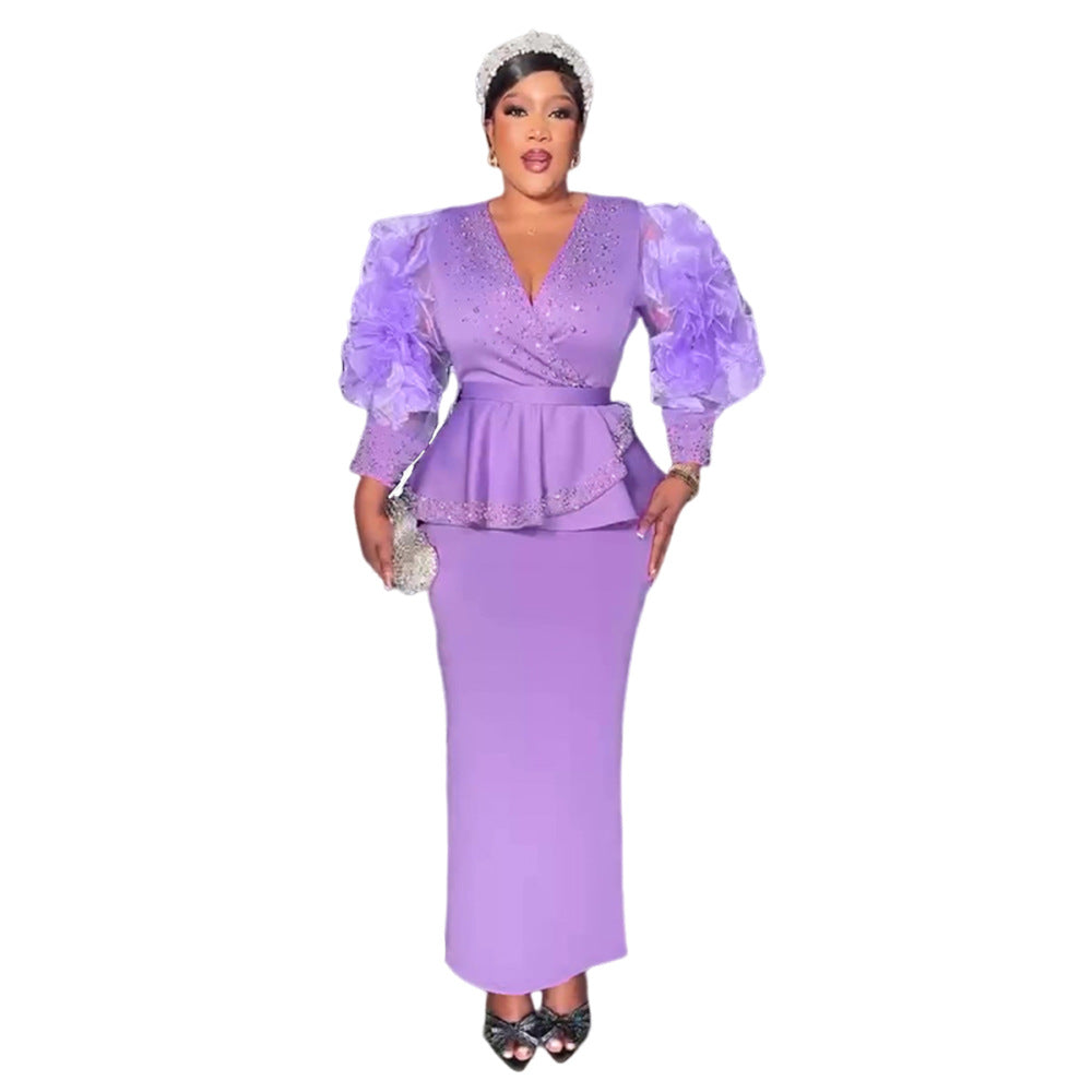 Fashion cross-border women's plus sizev neckdress african  fashion banquet dress high waist hip cover skirt