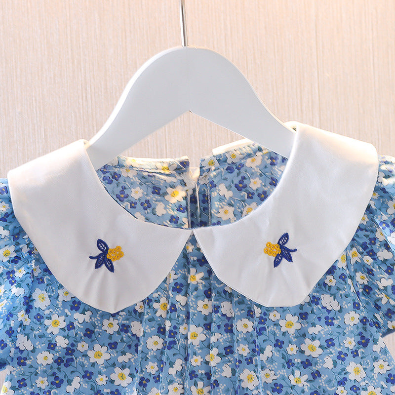 Girls' floral dress - new korean style for summer , featuring a peter pan collar, ruffle trim, and embroidery. wholesale children's dresses for export