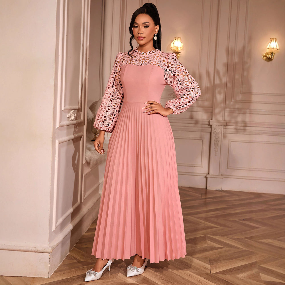European and american elegant lace lantern sleeve dress - hollow out long sleeve, cinched waist, pleated a-line party maxi dress