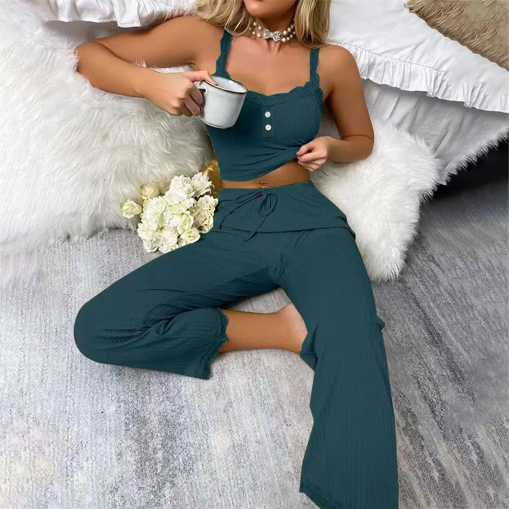 hot-selling summer ice silk pajamas for women, featuring lace-trimmed camisole and long pants. a sexy and trendy two-piece loungewear set for ladies