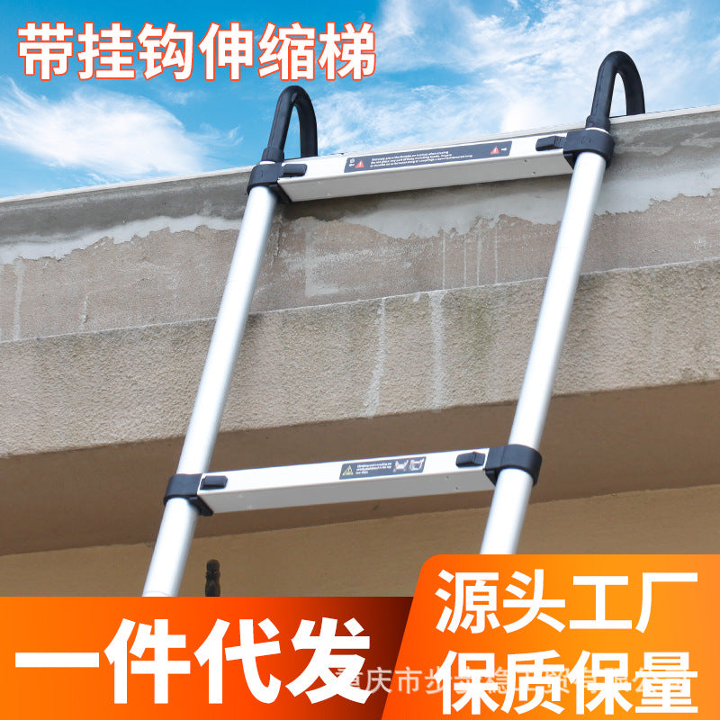 Manufacturer wholesale aluminum alloy with hook single-sided telescopic ladder household wall straight ladder convenient with wheel lift attic ladder
