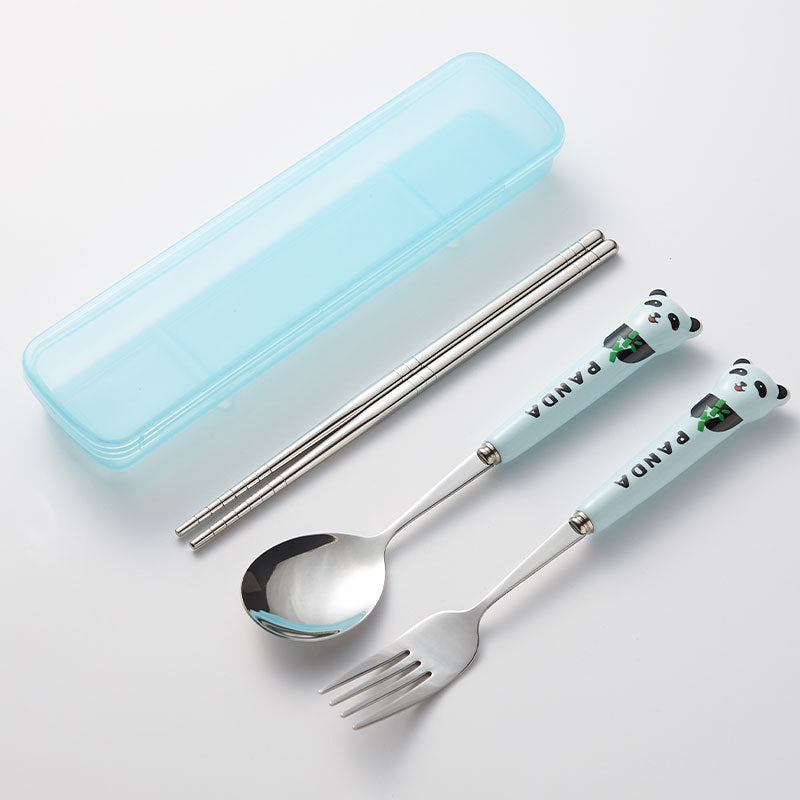 304 stainless steel portable cutlery set - creative panda design with ceramic handle fork, spoon, and chopsticks (3-piece set)