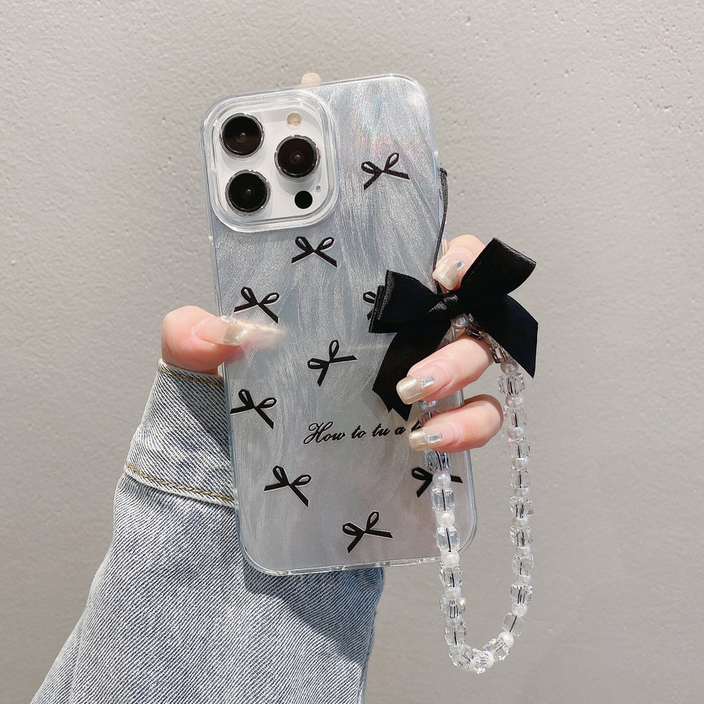 Feather yarn silver suitable for apple 16pro black bow mobile phone case iphone12/14 heart bracelet hard protective case