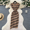 Korean chic summer new arrival: high-end retro polo collar sleeveless fitted bodycon knit dress with diagonal stripes