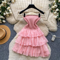 French sweet style bandeau sleeveless dress - women's summer yellow ruffle cake dress - slimming, elegant, petite-friendly