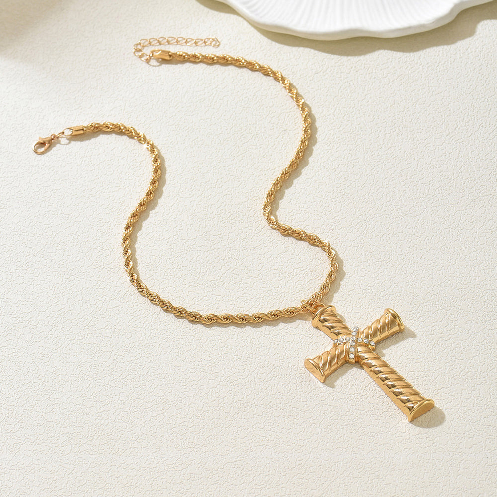 European and american cross-border fashion minimalist ribbed rotating cross necklace, personalized diamond-studded versatile twisted chunky chain choker