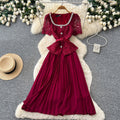 French chic lace patchwork short-sleeve dress - women's summer square neck, slimming, pleated maxi dress - elegant and refined