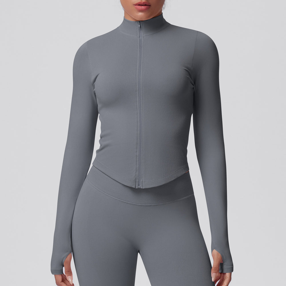 seamless pure color tight high elastic breathable stand collar zipper outwear sports running fitness yoga wear tops for women