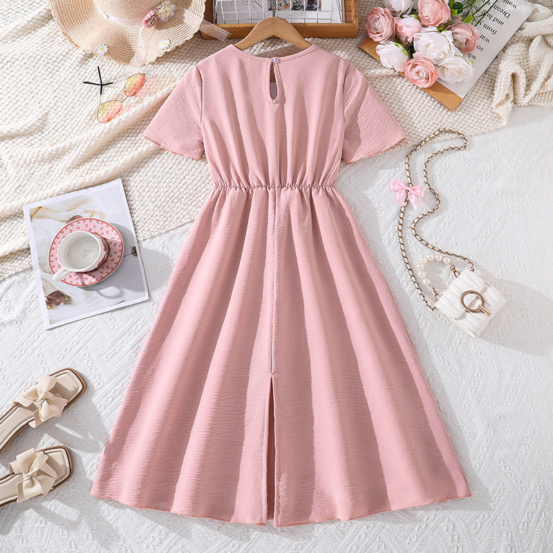 hot-selling girls' clothing,  spring/summer new arrivals: elegant and chic solid color, minimalist short-sleeved, cinched-waist, flared dress