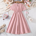hot-selling girls' clothing,  spring/summer new arrivals: elegant and chic solid color, minimalist short-sleeved, cinched-waist, flared dress