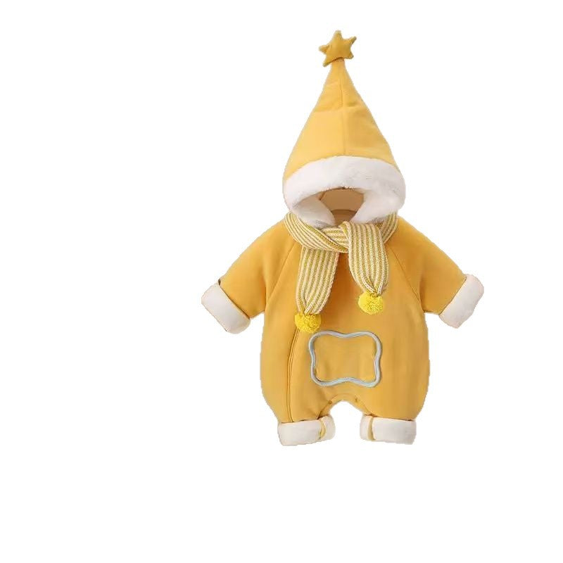 Fall and wintercutefashion super cute cartoon stuffed hooded romper baby fleece-linedthickened outerwear romper super cute