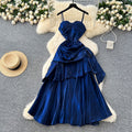 French goddess style design square neck bandeau strap ruched waist ruffle hem mini dress long gown