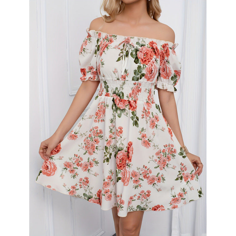 code new arrival  original women's gentle style floralsprinting one-line collar dress