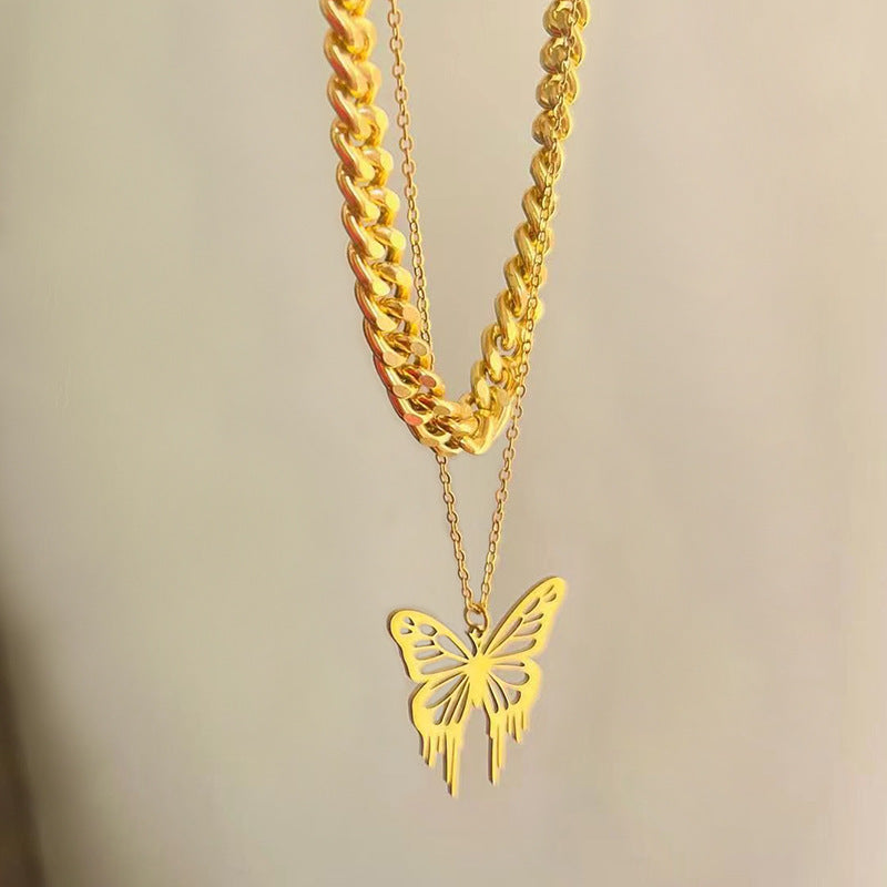 European and american cross-border fashion 18k gold hollow butterfly pendant necklace for women, alloy chunky chain, high-end jewelry