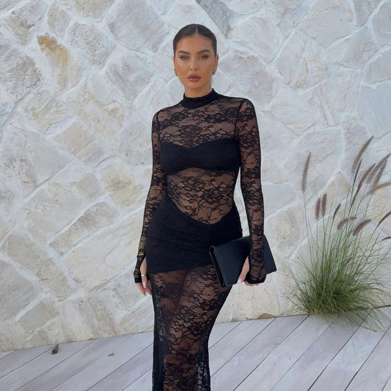 Europe and the United States  2024 new winter women's clothing sexy Spice Girl jacquard lace semi-turtleneck long-sleeved perspective dress