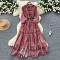 French retro fashion printed long sleeve single-breasted tie-waist dress - women's autumn  high-end maxi dress