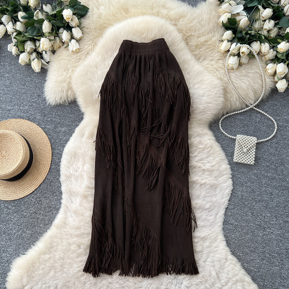 Korean style tassel trim a-line midi skirt - women's 2026 summer high-waisted commute chic tassel skirt