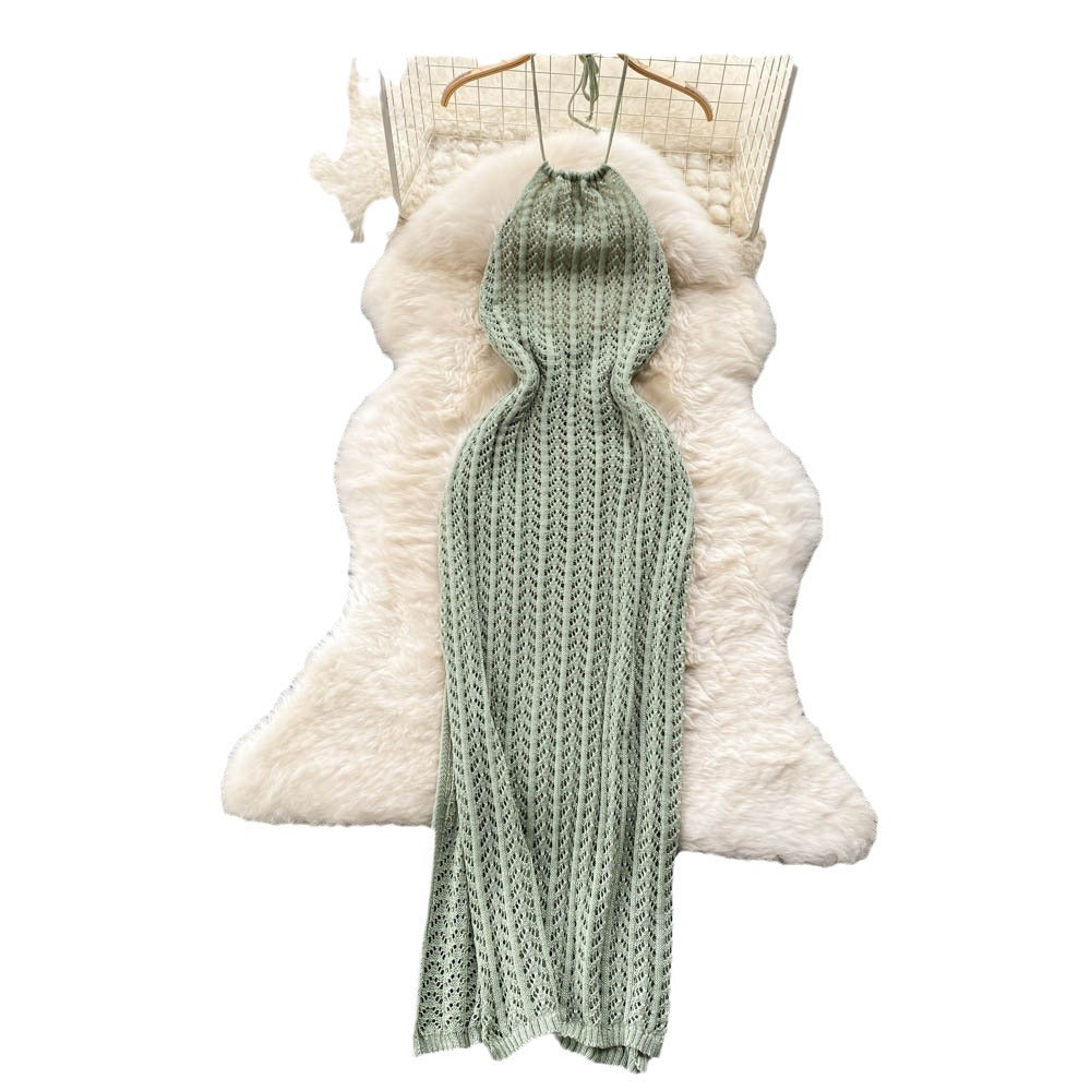 Niche style design classyeleganthalter sleeveless cut outknittingdress women's silm slit vacation dress