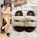 Ethnic style beaded platform fuzzy slippers - women's autumn/winter comfortable non-slip suede thong sandals - lightweight fluffy slippers