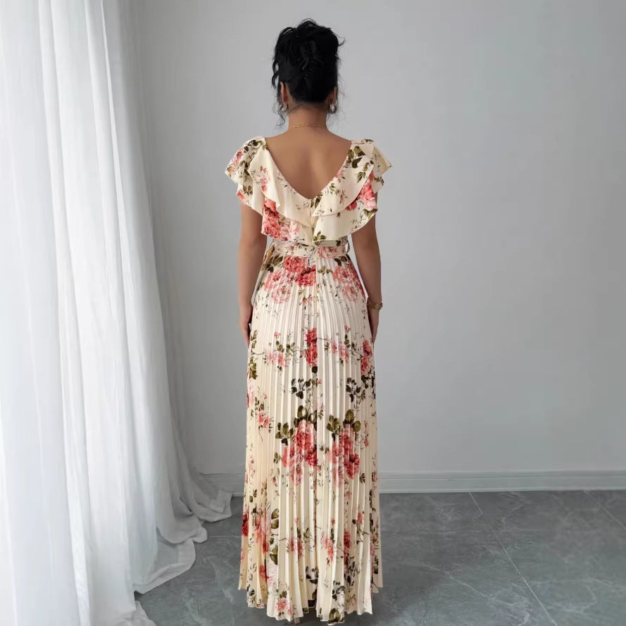 european and american cross-border e-commerce v-neck floral print elastic waist elegant commute a-line midi dress - women's