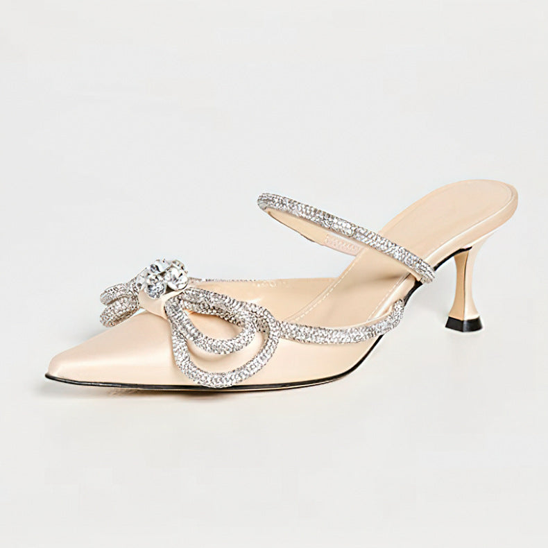 European and american style white label one-piece high-heeled slippers, stiletto heel, bow, rhinestone, cross-border half slippers, pointed toe, one-leg custom
