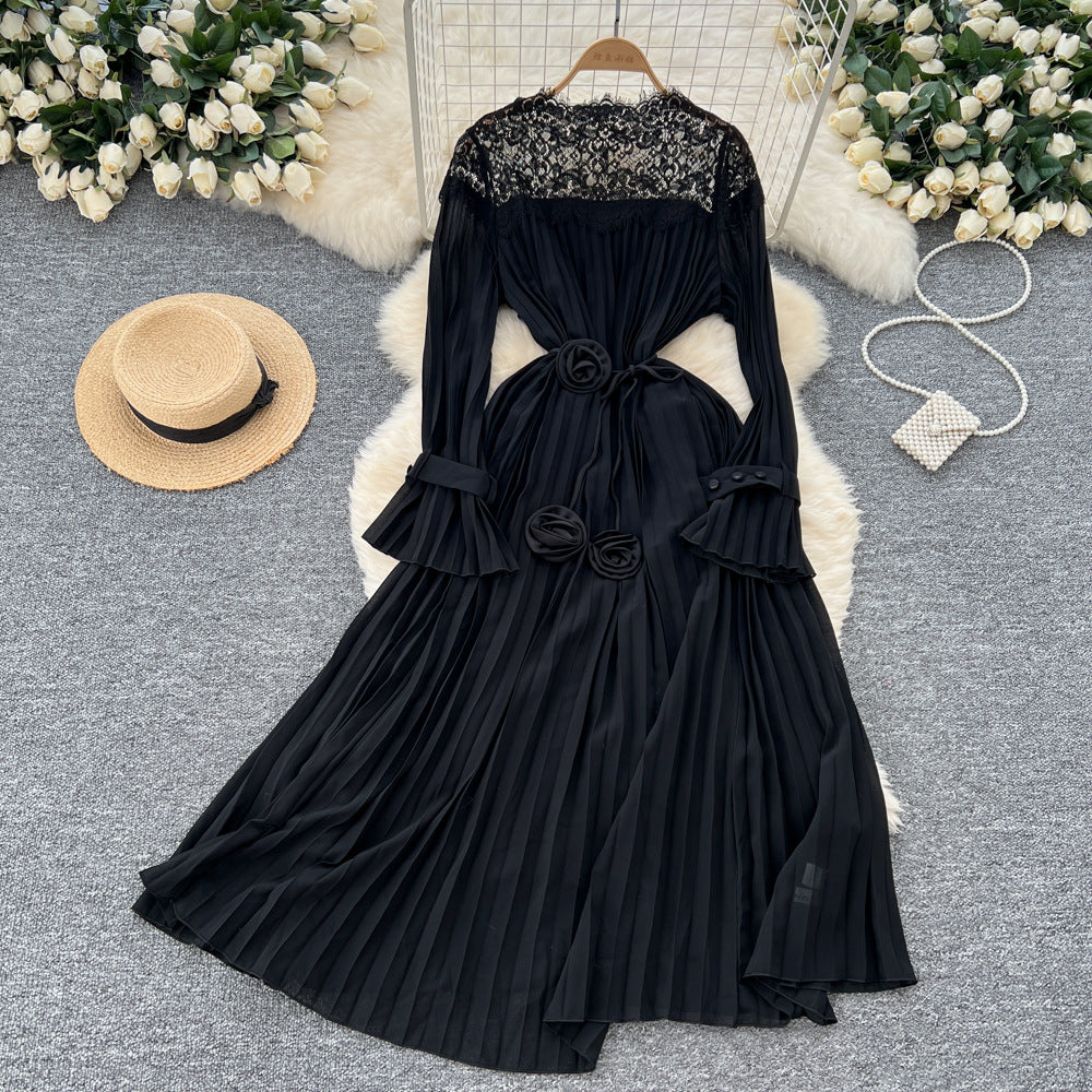 Classy sense of nicheelegancedress women's autumnew arrival strap waist lacepatchwork bell sleeve pleated long skirt