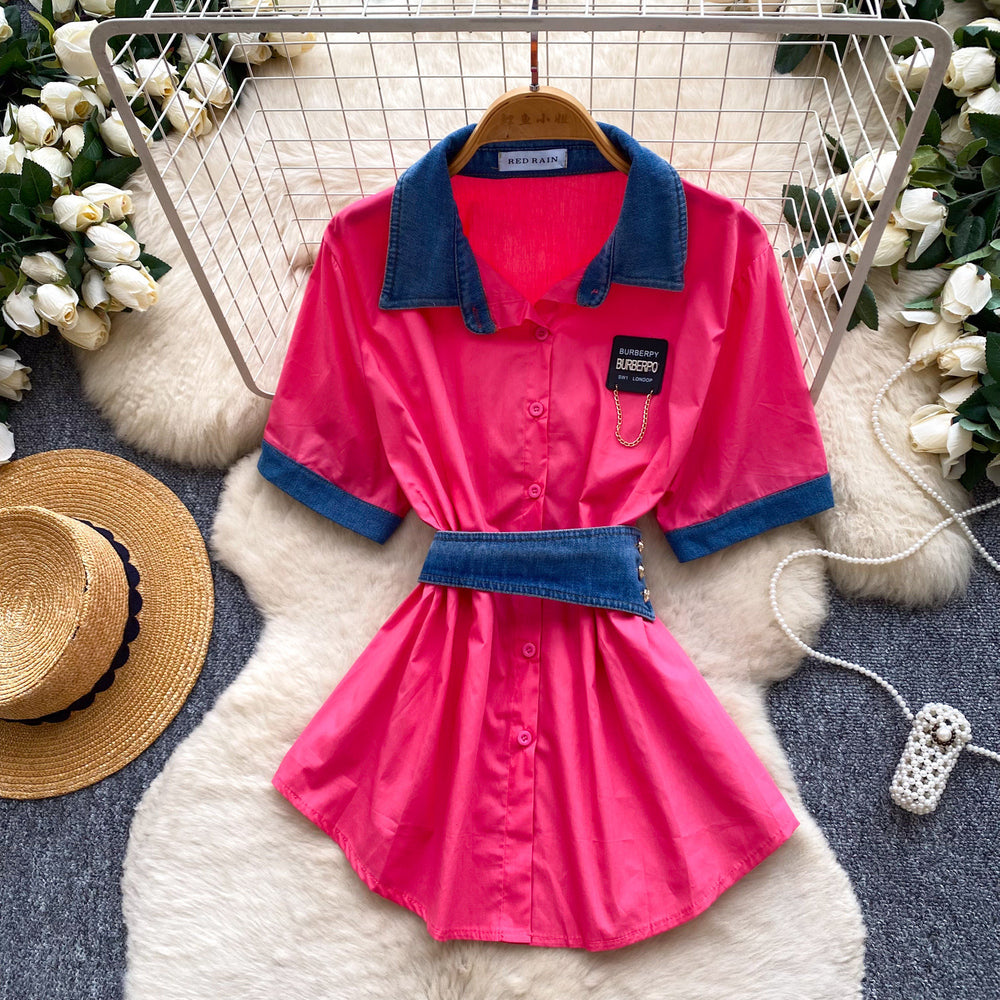 Korean style commute chic: denim patchwork turn-down collar shirt - women's summer short sleeve, cinched waist, tie-up, slimming, designer top