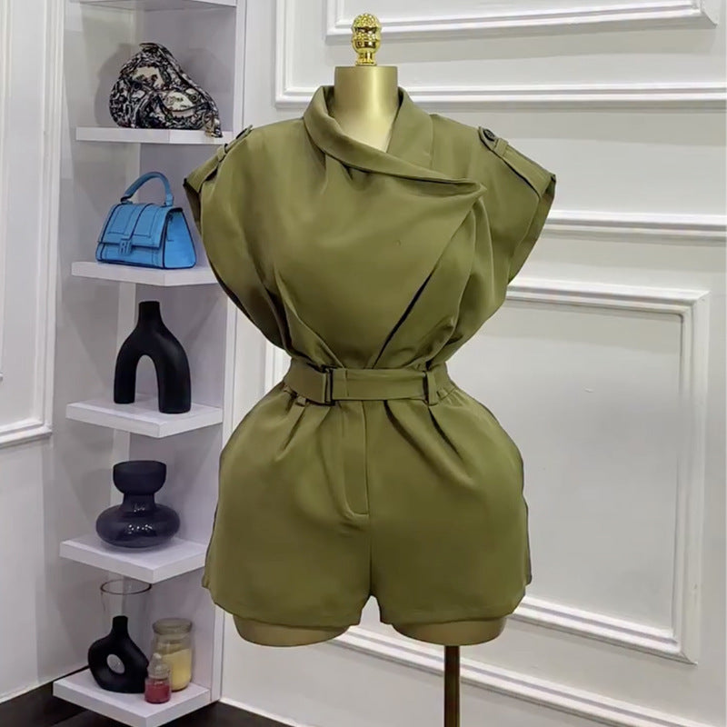 European and american cross-border women's fashion:  summer new arrival - elegant, designer, tie-waist, versatile solid color short jumpsuit