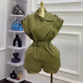 European and american cross-border women's fashion:  summer new arrival - elegant, designer, tie-waist, versatile solid color short jumpsuit