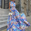 spring/summer european and american new women's french style maxi dress - chiffon camisole, blue high-waisted, elegant printed dress