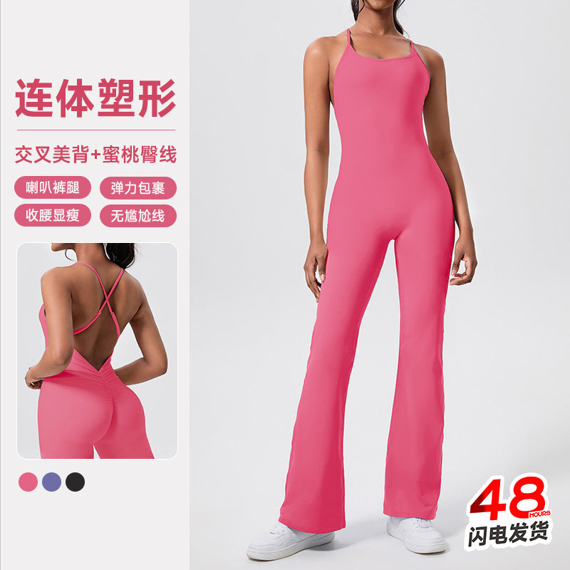 Pink hip lifting one-piece yoga wear wide leg flare jumpsuit women's cross back sports jumpsuit  new style