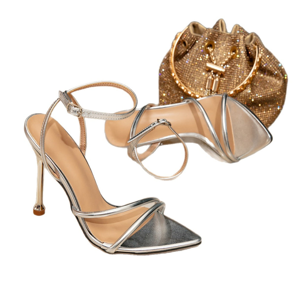 Women's silver high heel sandals - stiletto heel, fashionable party & evening pointed toe buckle sandals
