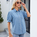 Fashion cross-border export  new arrivaleasiest for match princess sleeve lapel thin denim shirt casualtops trendy women