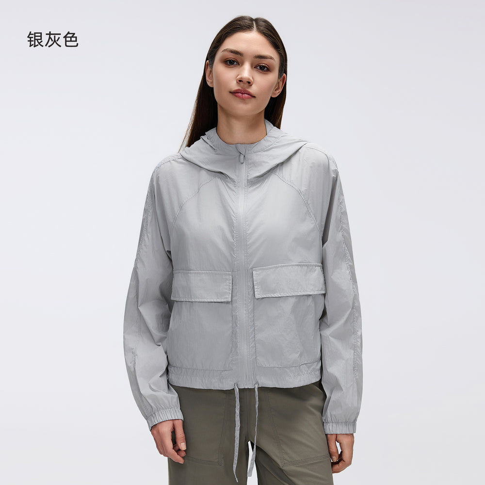 Outdoor lightweight sun protection hooded top, water-resistant cardigan, long sleeve breathable loose fit sports jacket for women d26006