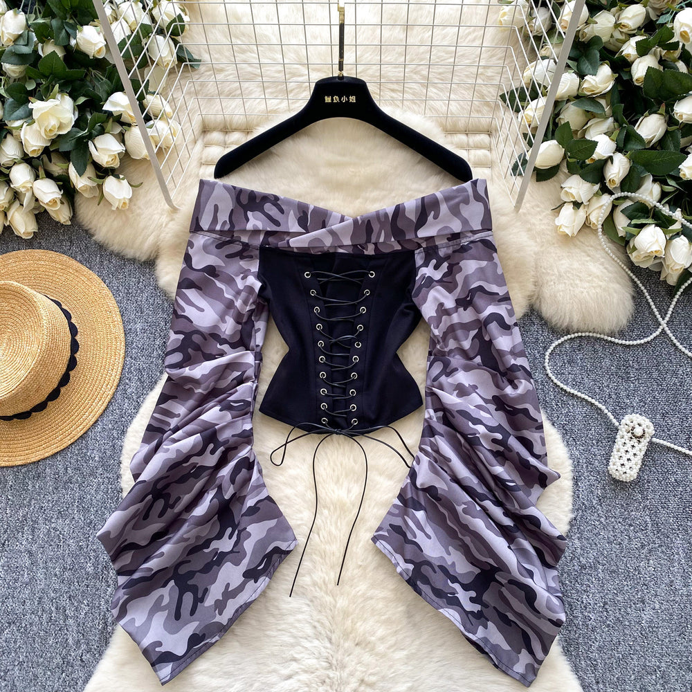 European and american women's clothing 2025 autumn new design: tie-waist, off-the-shoulder, ruched, long-sleeve, slim-fit top