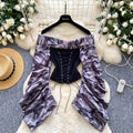 European and american women's clothing 2025 autumn new design: tie-waist, off-the-shoulder, ruched, long-sleeve, slim-fit top