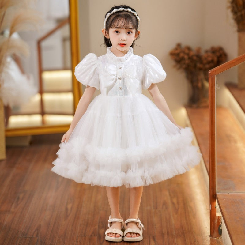 Ready-to-ship wholesale children's clothing: puff sleeve sequin mesh tutu princess dress, girls' kids dress